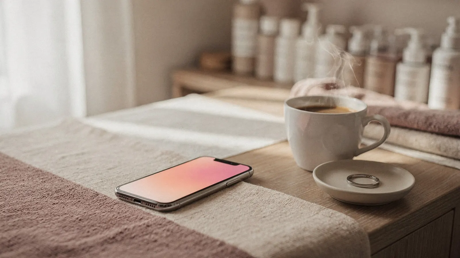 Smartfon z podświetlonym ekranem obok filiżanki kawy i miseczki z pierścionkiem o poranku