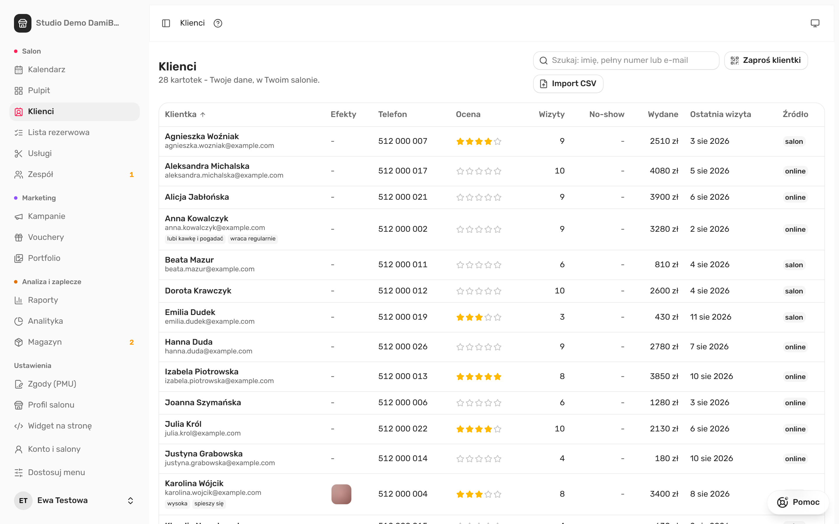 Lista klientek w panelu DamiBook z przyciskami Zaproś klientki i Import CSV oraz kolumnami telefon, wizyty i wydane