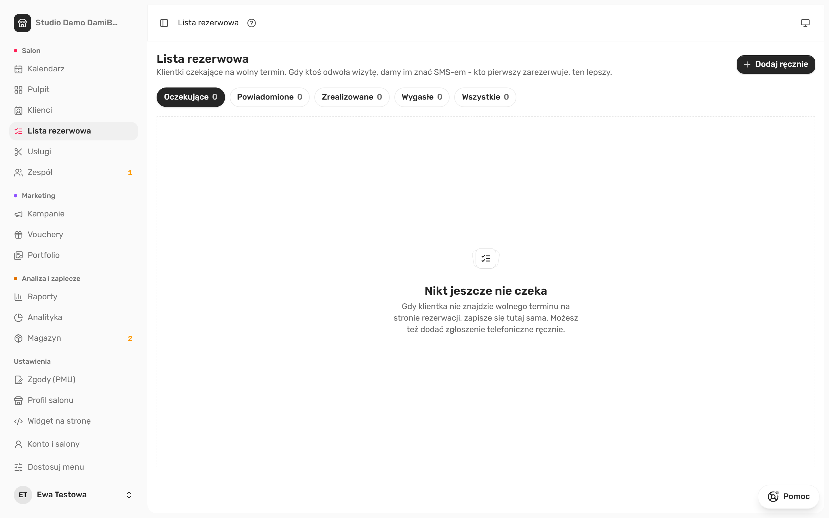 Zakładka Lista rezerwowa w DamiBook z filtrami i przyciskiem Dodaj ręcznie