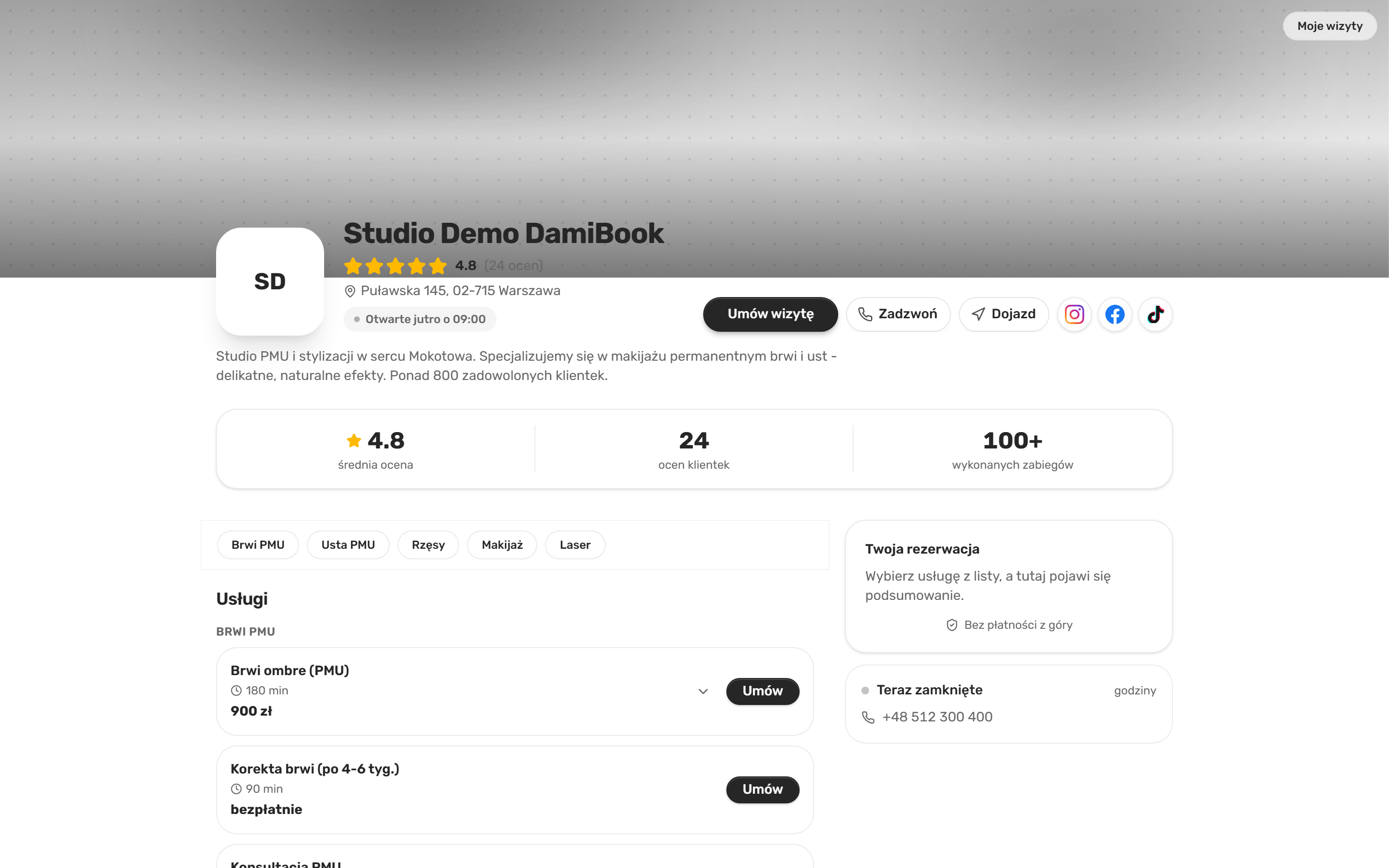 Publiczna strona rezerwacji DamiBook z listą usług, czasem trwania i ceną