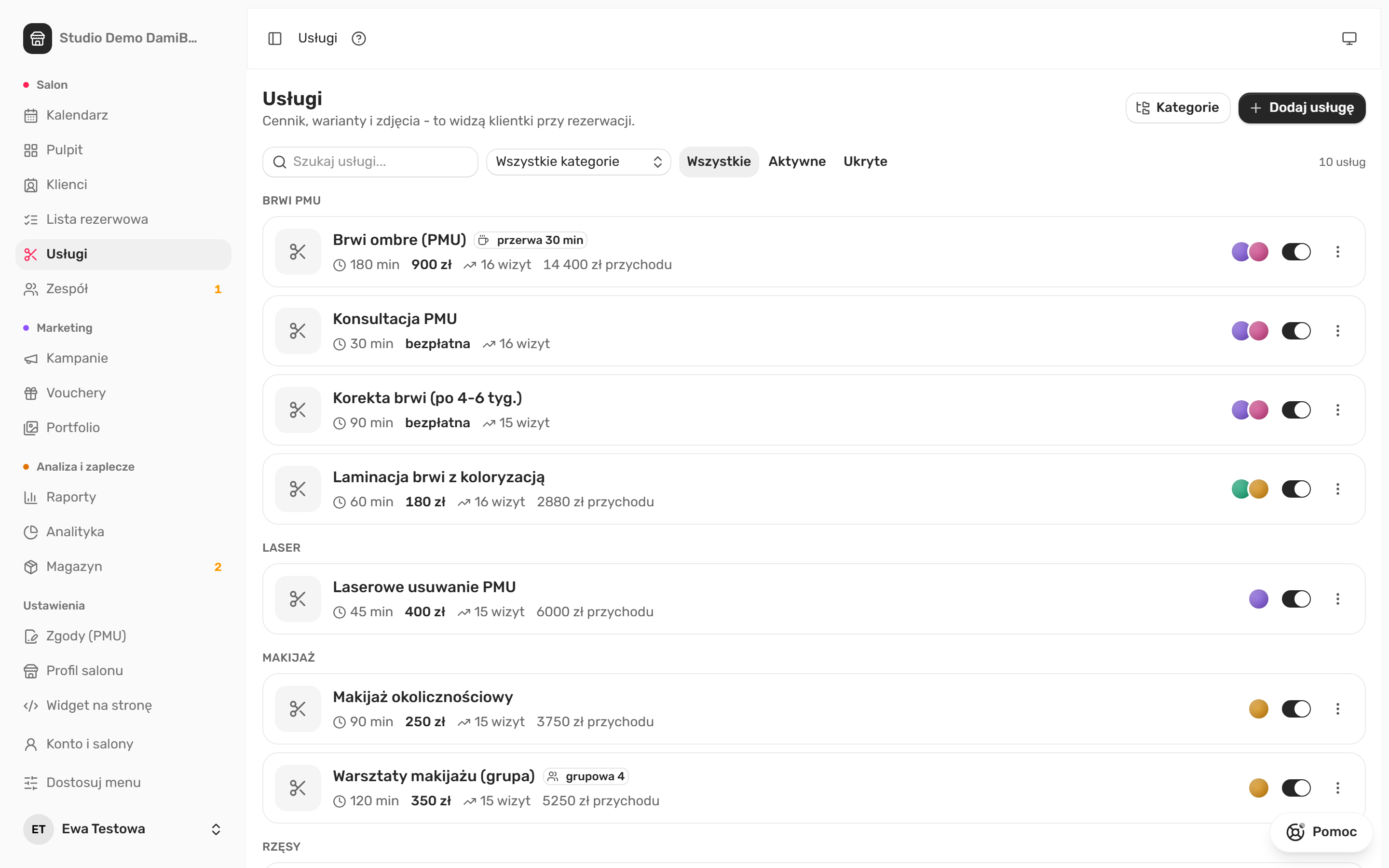 Lista usług w panelu DamiBook z czasem trwania i ceną każdej usługi
