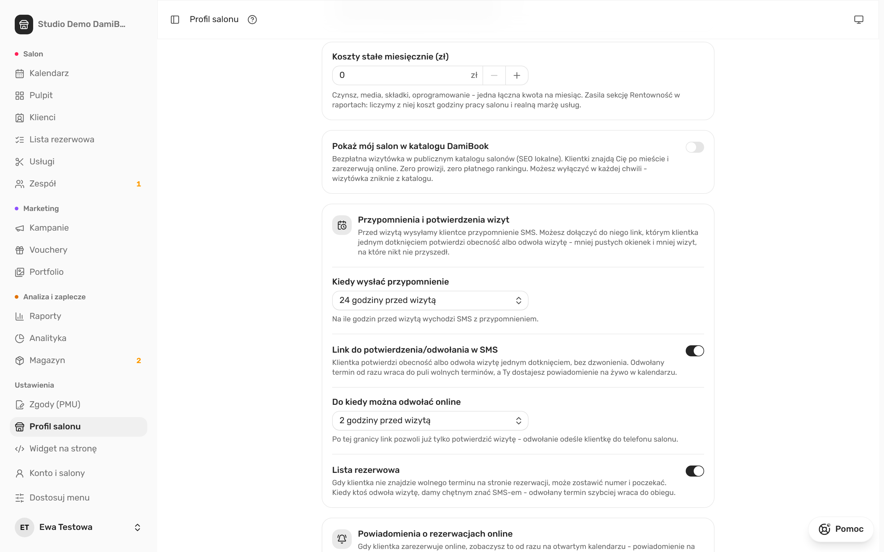 Profil salonu w DamiBook z ustawieniami przypomnień SMS, linku do potwierdzenia lub odwołania wizyty i listy rezerwowej