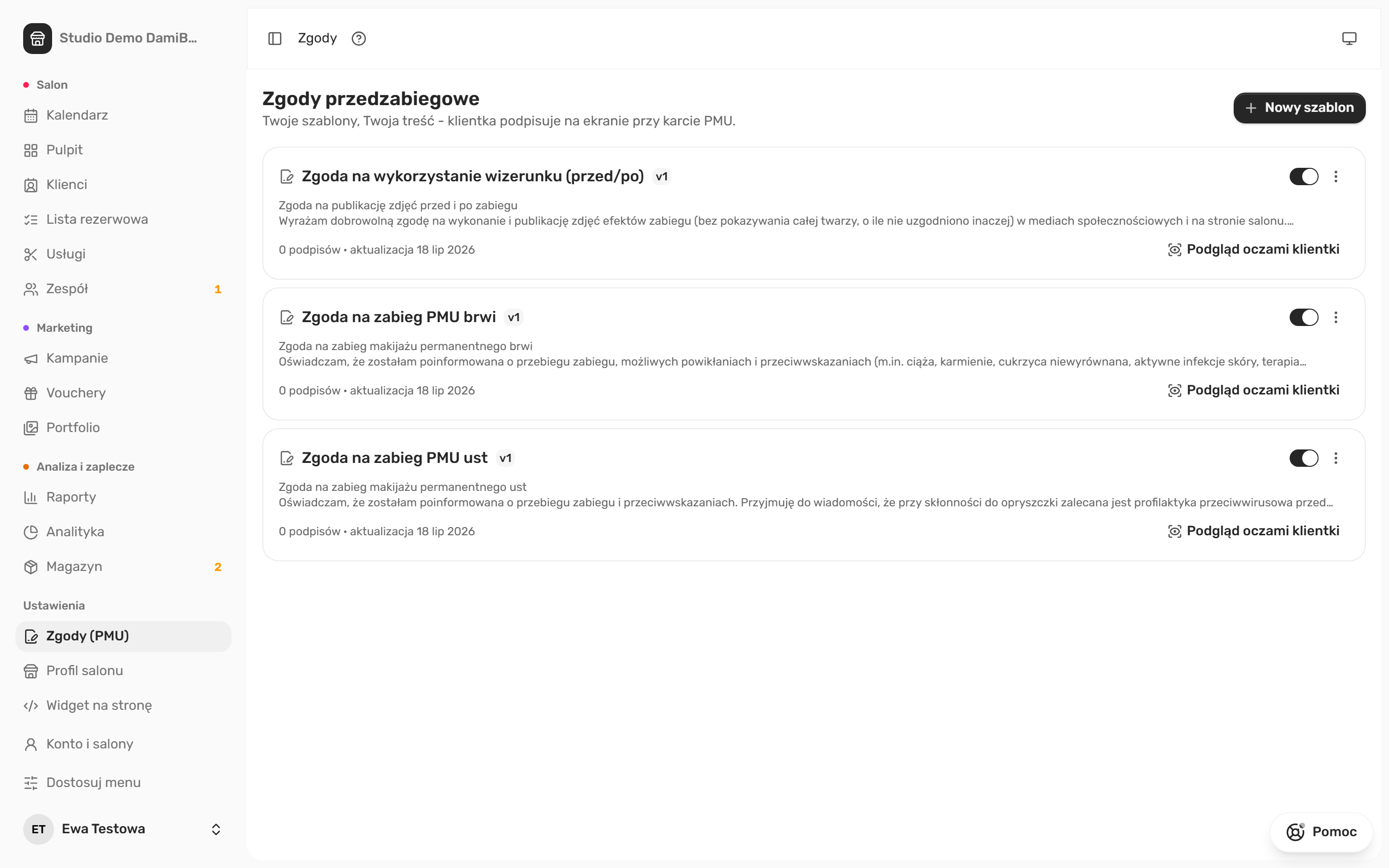 Lista szablonów zgód w panelu DamiBook: zgoda na wizerunek, zgoda na zabieg PMU brwi i PMU ust, każda w wersji 1
